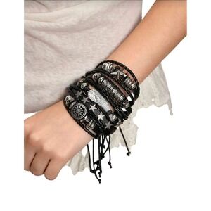 Black Faux Leather Multi Layer Bracelet Set Silver‎ Star Wing Charms Adjustable